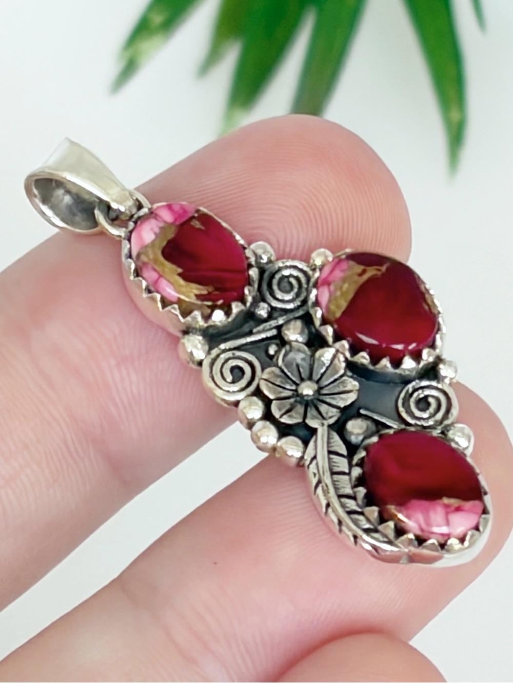 Southwest Pure Sterling Silver 925 Genuine Red Rose Dahlia Turquoise Pendant New